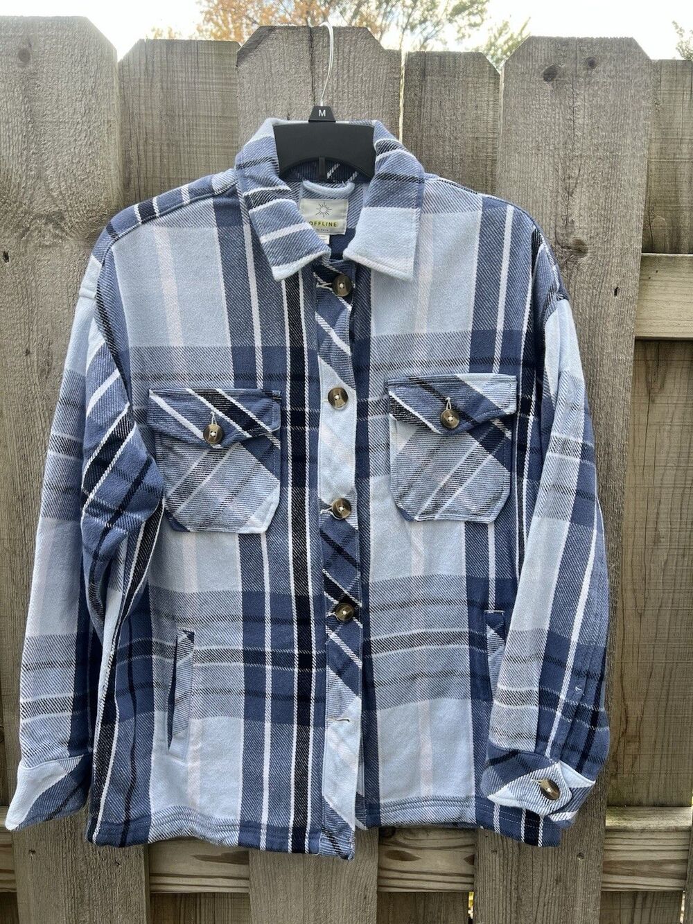 Aerie Offline Women's XS Blue Plaid Chore Jacket Oversized Flannel Shacket Coat